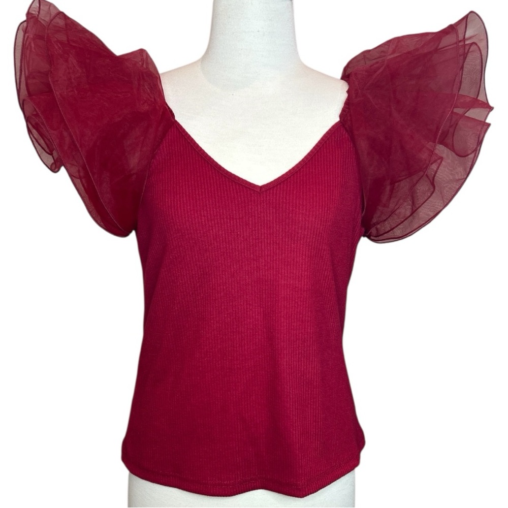 Sugar + Lips Red Puff Sleeve V-Neck Top Women’s Size L NWT